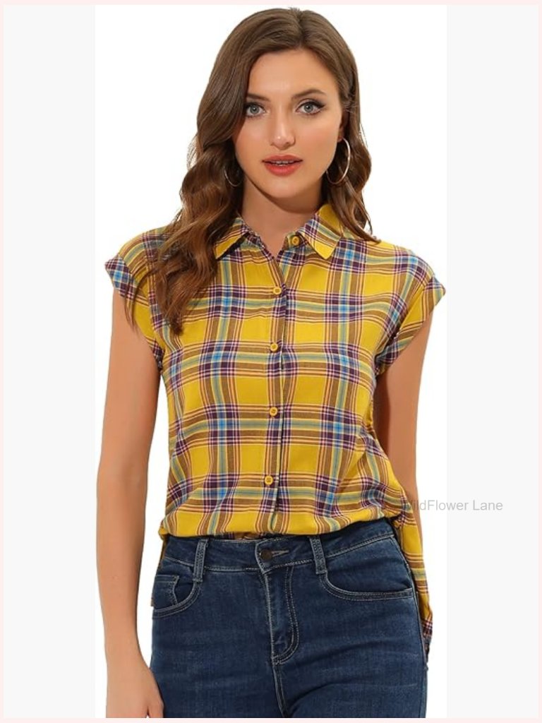 Plaid Button Down Short Sleeve Shirt Western Cap Sleeve Blouse